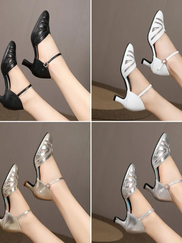 Sapatos de dança latina de couro real para mulheres, salto médio baixo para adultos, sapatos de dança quadrada com sola macia, nova dança social de verão
