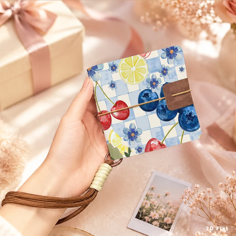Light Blue Grid Watercolor Fruits Mini Photo Album Pocket Size Photo Storage Detachable Hand Strap Commemoration Gift