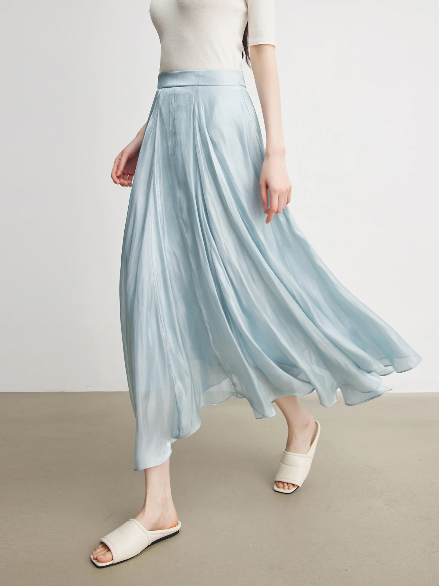 

Annata Blue Satin Half Skirt Women's Summer Thin Long Skirt High Waist A-Line Polyester Fiber Moisture Wicking Inner Lined