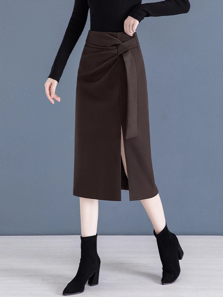 

Шерстяное платье-халат цвета хаки для женщин, осенне-зимнее, с завышенной талией, А-силуэт, миди, с разрезом, облегающее