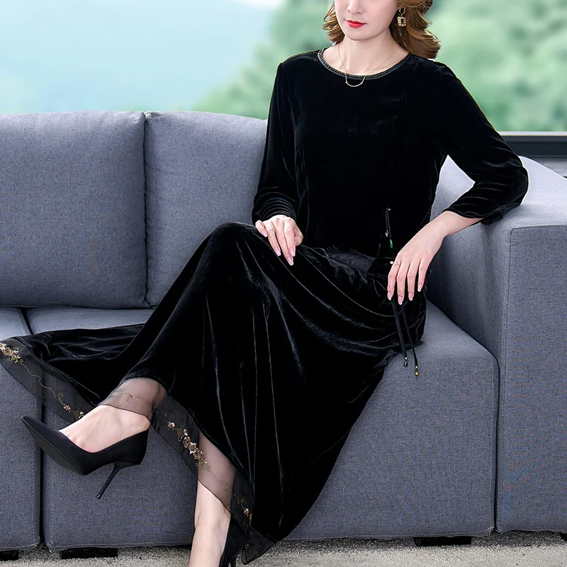 2023 Autumn/Winter New Black Silk Velvet Long Sleeve Long Sleeve Dress Two Piece Set Loose Large Lace Splice Slim Retro Set