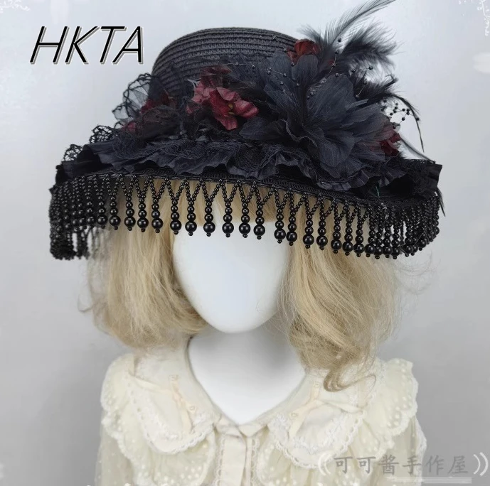 ロリータエレガントな黒帽子ヘアアクセサリー女性ヴィンテージダークフラワーストラップハロウィンコスプレ羽パールフリンジ帽子 Y2k キャップ