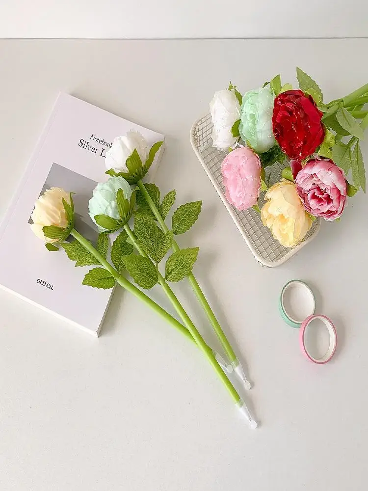 Stylo à bille en plastique, Bouquet de fleurs créatif, écriture lisse, pivoine, stylo de papeterie de Simulation multicolore, 1 pièce