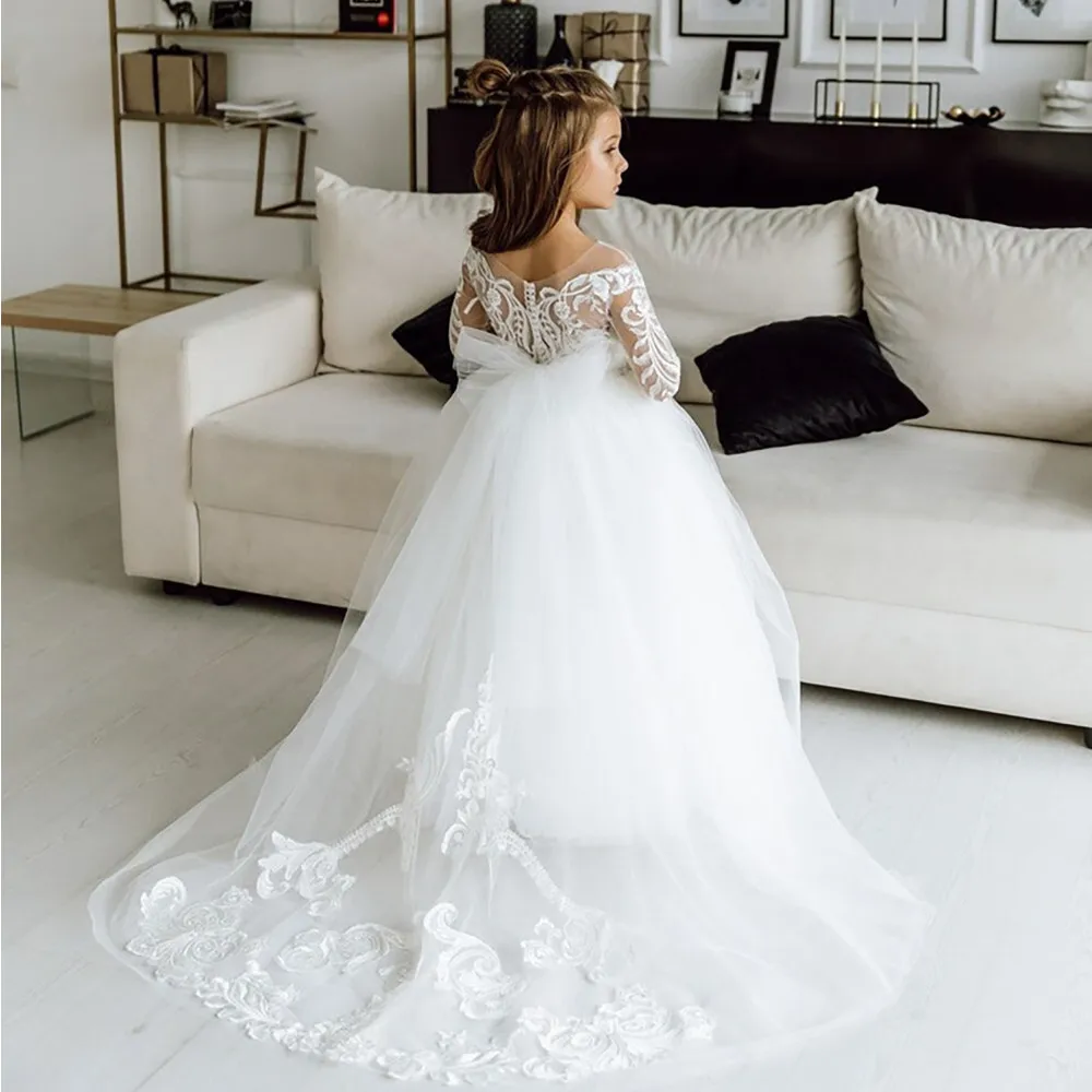 2024 Long Sleeve Girls Wedding Dress Lace Flower Girl Princess Wedding Party Dress Tulle Ball Gown Junior Bridesmaid Girls Dress