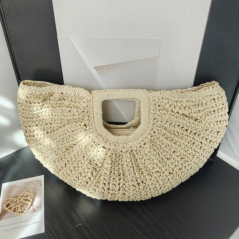 Handgefertigte Stroh-Handtasche für Damen, Casual-Style Halbmond-Strandtasche, Korbtasche, Bucket Purse, Tragetasche für den Sommer und Outdoor-Aktivitäten