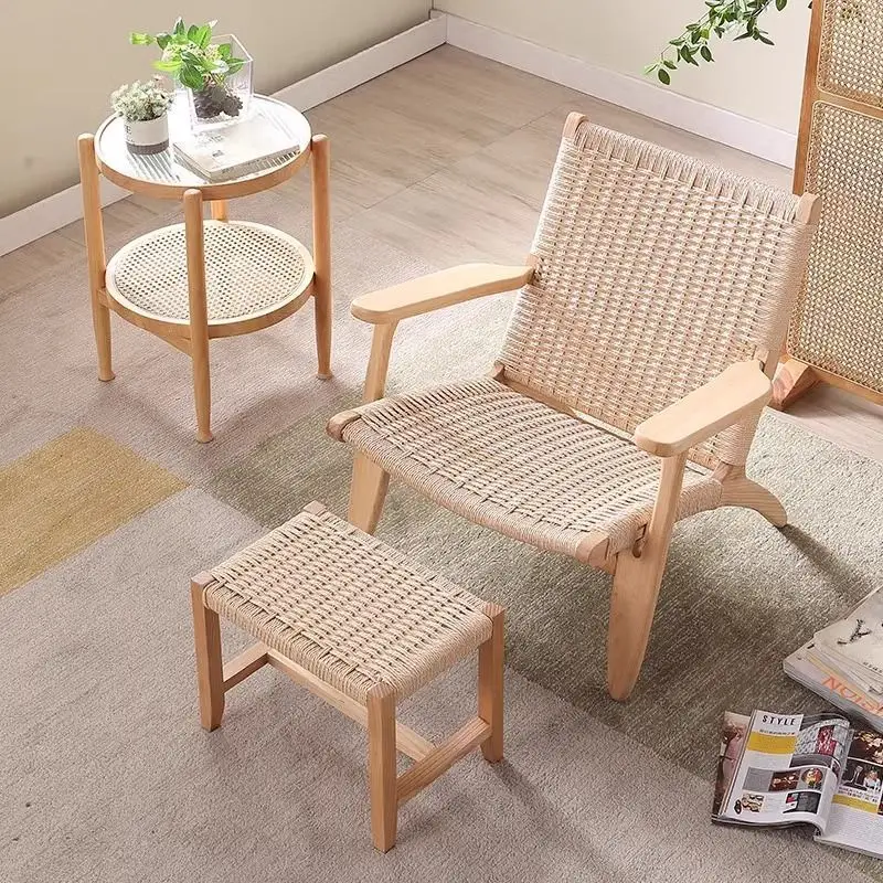 

Solid Wood Woven Armchair, Minimalist Single Sofa Chair for Home Living Room & Balcony | Cozy Lazy Backrest Chair