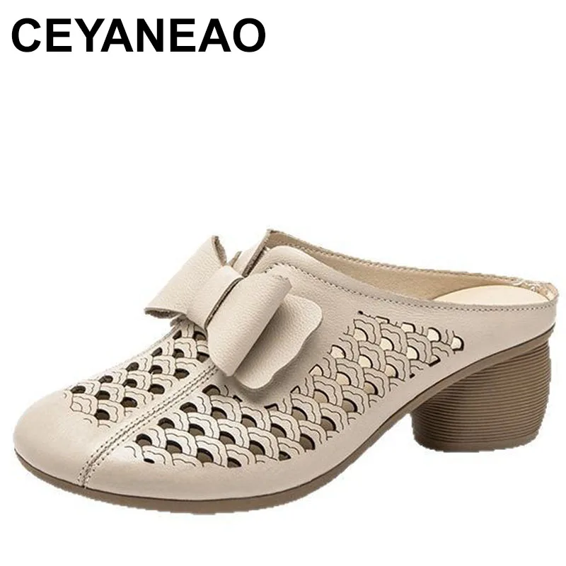 

Round Toe Bow Cowhide Hollow Elegant Fashion Slippers Wearing Outside Summer Women Slippers Mid Heels