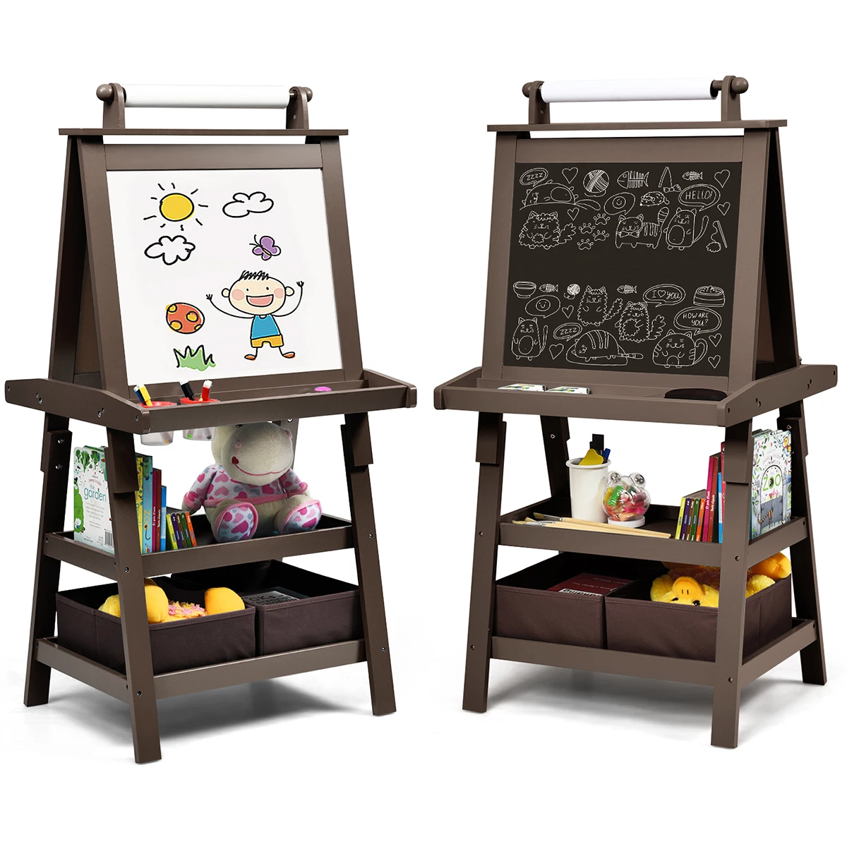 3 in 1 Double-Sided Storage Art Easel w/ Paint Cups for Toddlers Writing Coffee