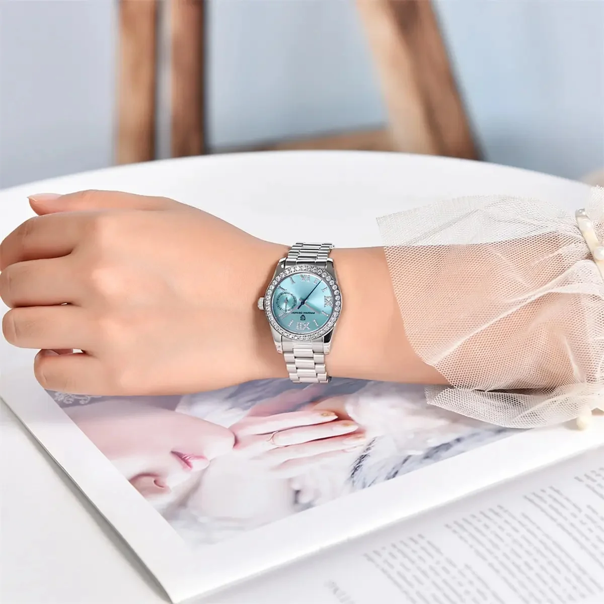 PAGANI DESIGN Women Luxury Quartz Watch Diamond Bezel Blue Dial Stainless Steel Ladies Wristwatch