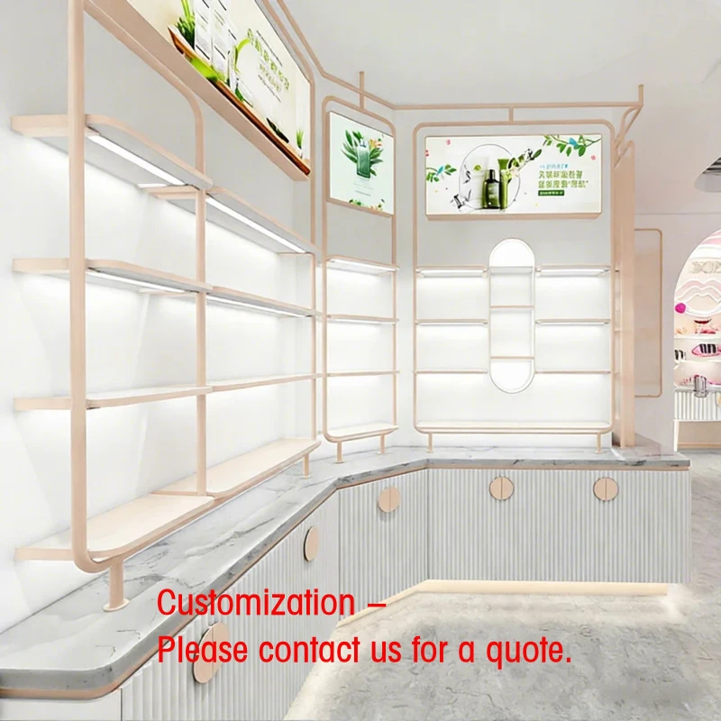 custom.Luxury Stainless Steel Modern Cosmetic Display Cabinet LED Lighting Customizable Heavy Duty Design Bouti