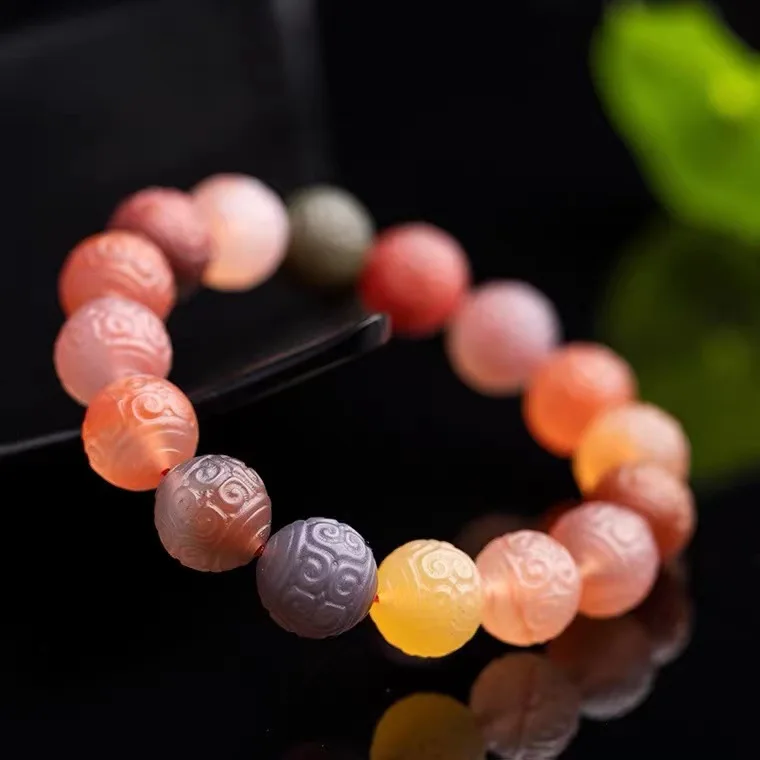 Natural Candy Color Yanyuan Agate Mala Bracelet Carved Fret Beads Chalcedony Crystal Wenwan Prayer Beads For Women Zodiac Year