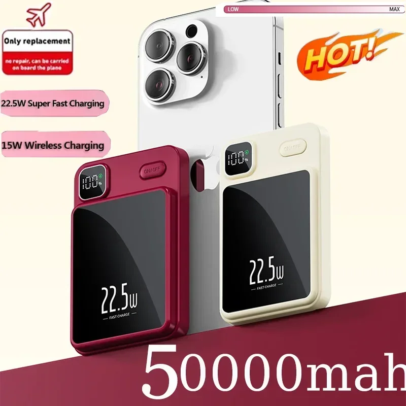 50000mAh Magnetic Wireless Power Bank 22.5W PD Fast Charging Portable Power Bank for Samsung Huawei IPhone 12 and Above