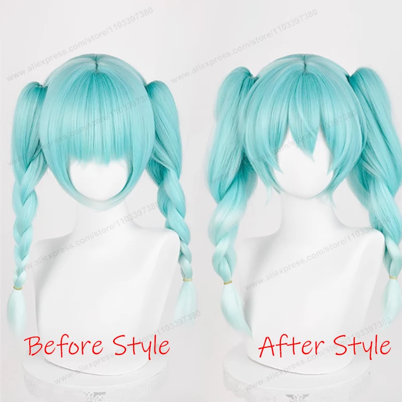 Miku Bunny Cosplay Wig 45cm Pre Braided Double Ponytails Cyan Gradient Hair Anime Heat Resistant Synthetic Wigs