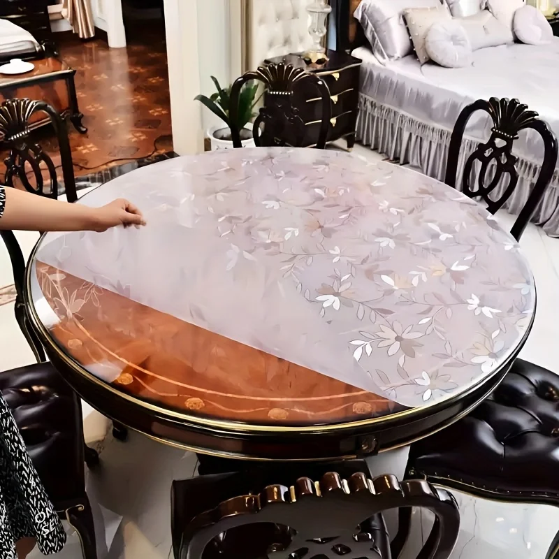 120cm Round Table Mat PVC 1.1mm Transparent Matte Daisy Flower Tablecloth Heat Resistant Waterproof Furniture Cover Soft Glass