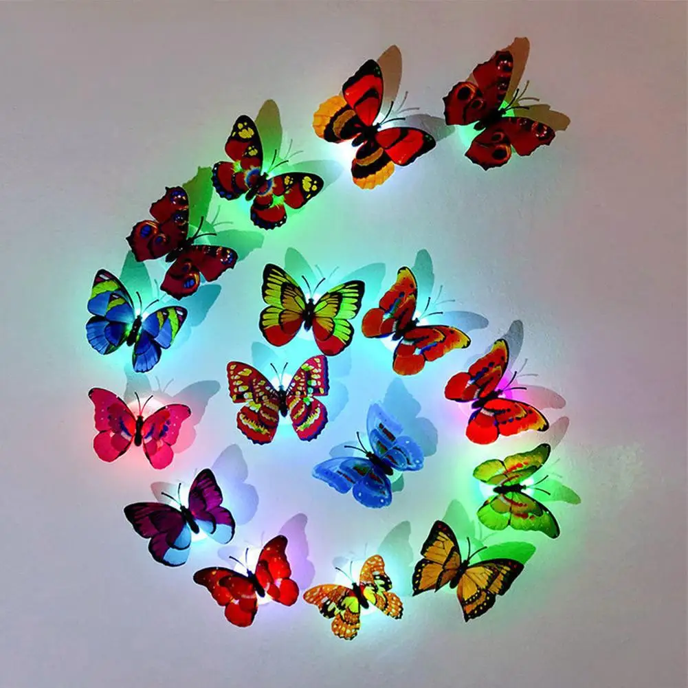 1/12PCS 3D Butterfly Wall Stickers Colorful Changing LED Butterfly Glowing Wall Decals Night Light Lamp Home Decor Wall Sticker