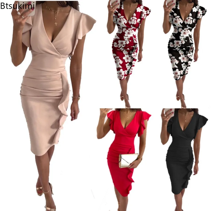 

New 2024 Women's Multi-color Slim Sexy Dress Vintage Ruffle Elegant Females Party Dress Deep V-neck High Waist Designer Dress