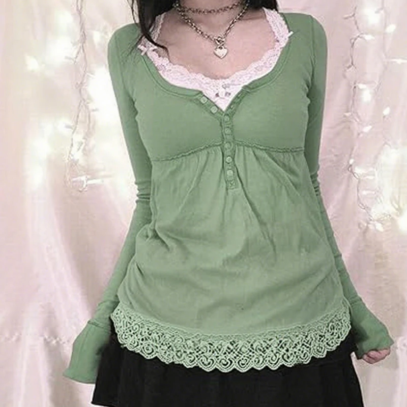 

Y2k Cottage Lace Trim Babydoll T-shirt Autumn Button Up Long Sleeve Pullovers Tops Women Cyber Grunge Loose Fit Blouse Tees