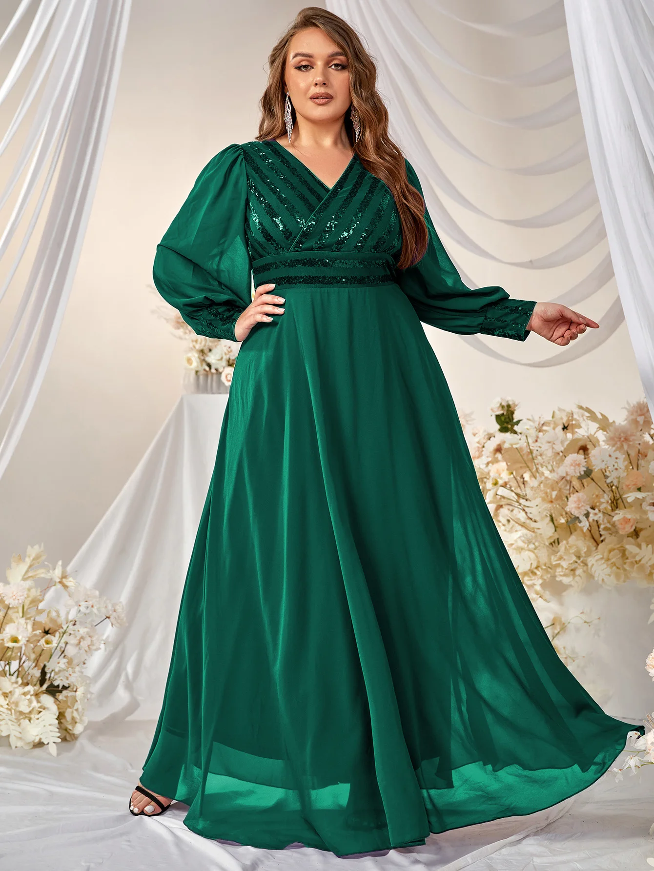 

Plus Contrast Sequin Lantern Sleeve Chiffon Formal Dress