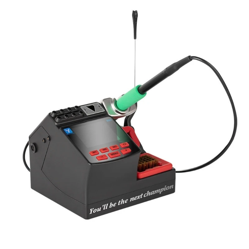 Digital Temperature-Controlled Soldering Station with Display and Front Buttons, Integrated Iron Rest and Tip Cleaning Area for