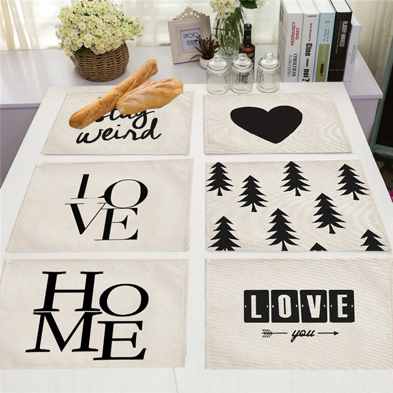 New Black And White Letters Kitchen Decor Placemat Table Mat Tableware Pad Drink Coaster Cotton Linen Cup Dinner Table cloth Mat