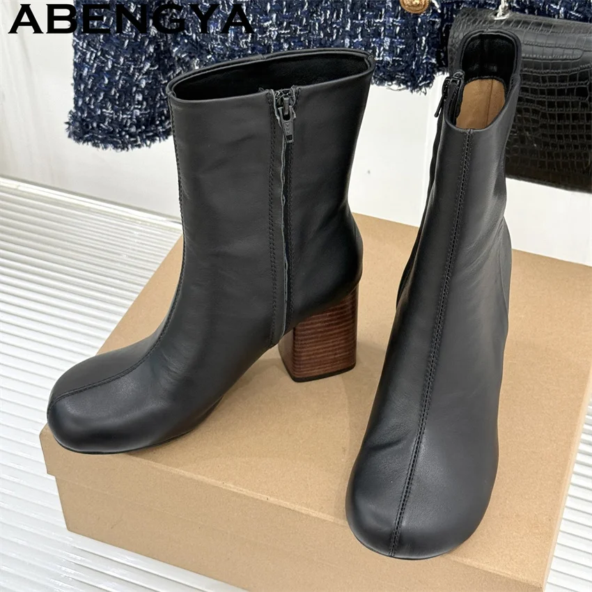 

2026 зимние новые ботильоны из натуральной кожи на массивном каблуке, женские ботинки челси с круглым носком, женские удобные короткие ботинки на неделю моды