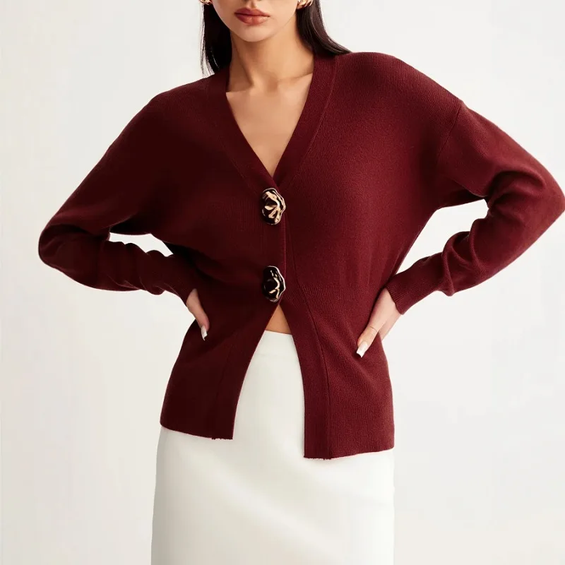 

Solid Color V-neck Buttoned Knitted Pullover Sweater Long Sleeve Elegant Casual Top for Women