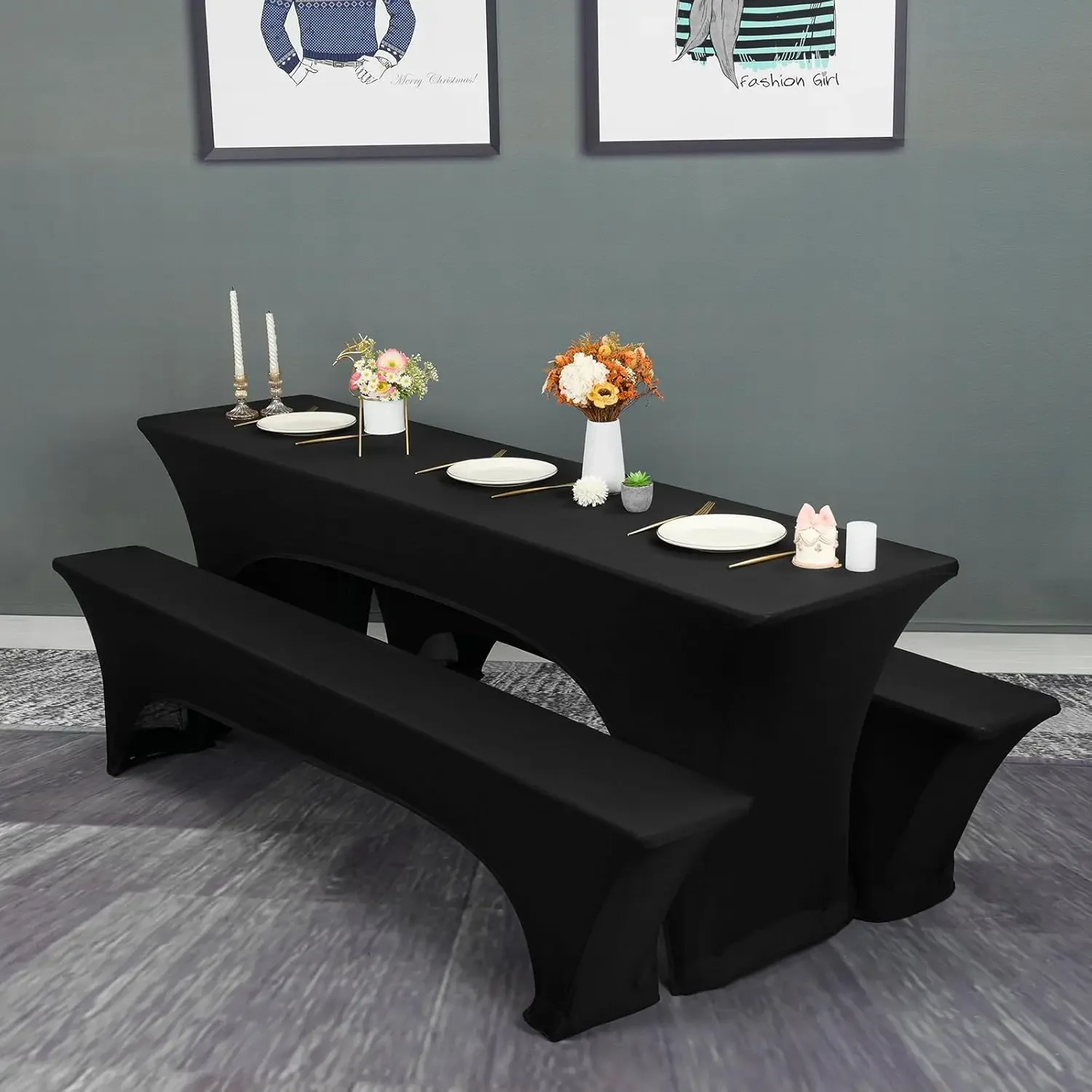 

Set for beer bench set: 1x stretch tablecloth & 2x beer bench covers - black/white, 50/70 cm x 220 cm For Oktoberfest