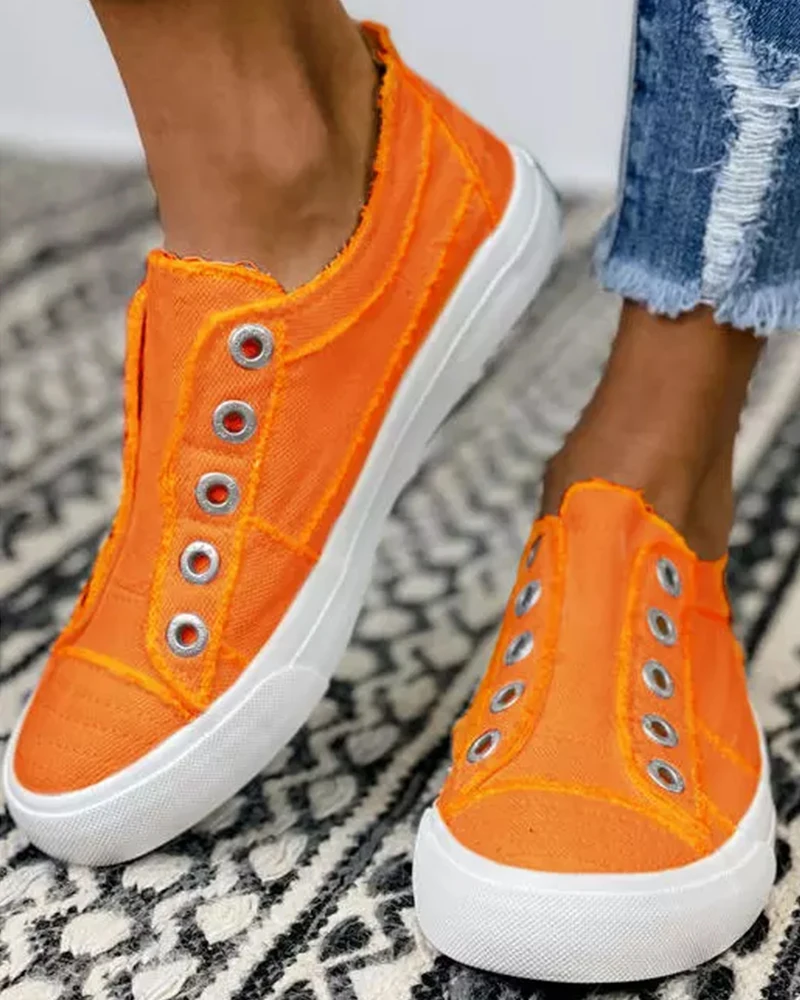 Women Shoes Casual Daily Wear Flat Solid Color Round Toe Eyelet Slip-on Canvas Sneakers