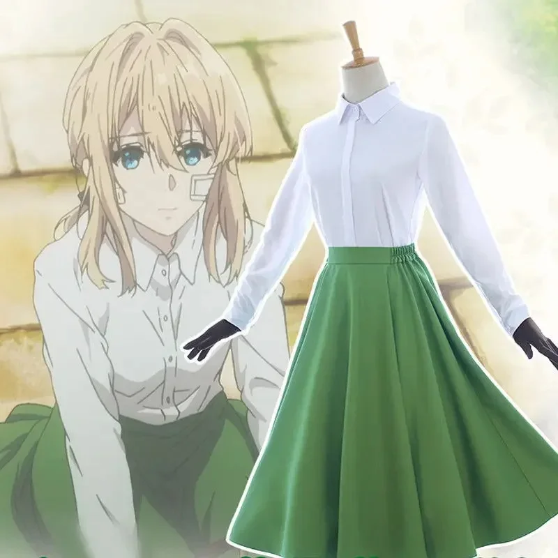 Costumes de cosplay Violet Evergarden Anime, robe chemise verte, perruque synthétique résistante à la chaleur, costume de jeu de rôle d'Halloween W VCEcp