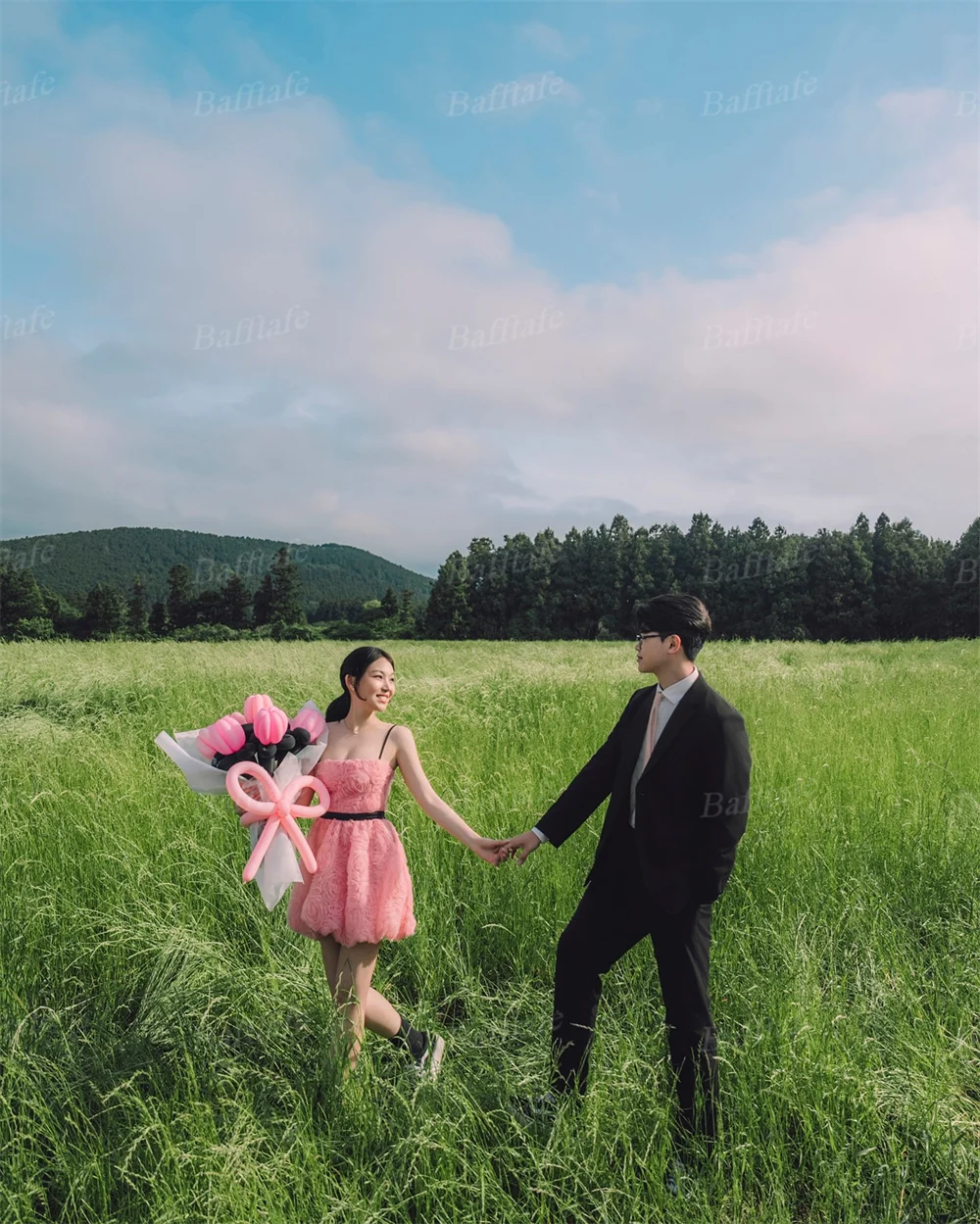 Bafftafe Rosa Tüll Blumen Mini Ballkleider Maßgeschneidert über dem Knie Korea Frauen formelle Party Cocktailkleider Fotografie Kleid