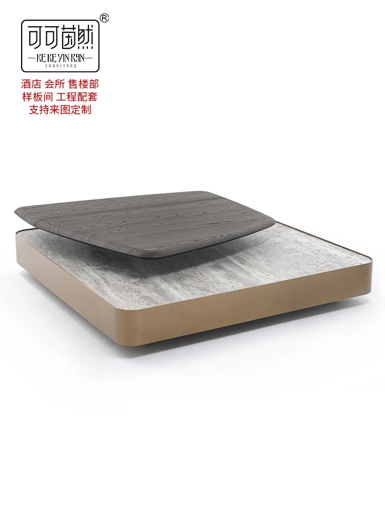 Yjq Minimalist Natural Marble Rotating Retractable Solid Wood Tea Table Stainless Steel High-End Hotel Club Combination