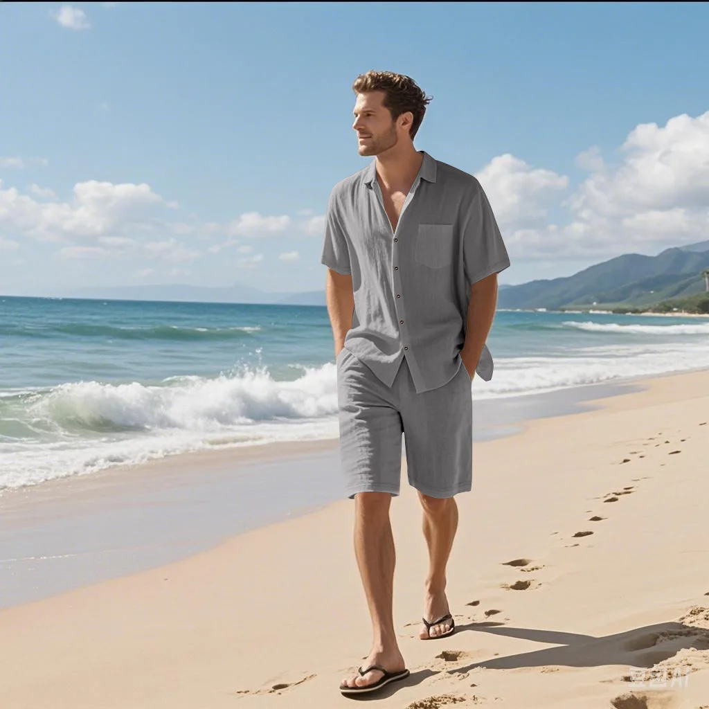 Summer men's solid-color linen beach suit, lapel button short-sleeved shirt paired with drawstring shorts, casual 2-piece set