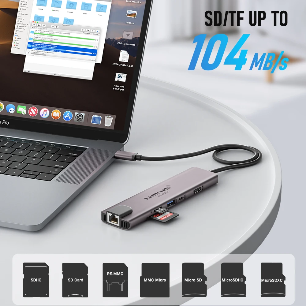 Imagem -02 - Hub Usb 10in 4k 60hz Hub Usb c Usb c Usb 3.0 Rj45 1000mbps Pd100w sd tf para Macbook Laptop Acessórios Lemorele-tc46