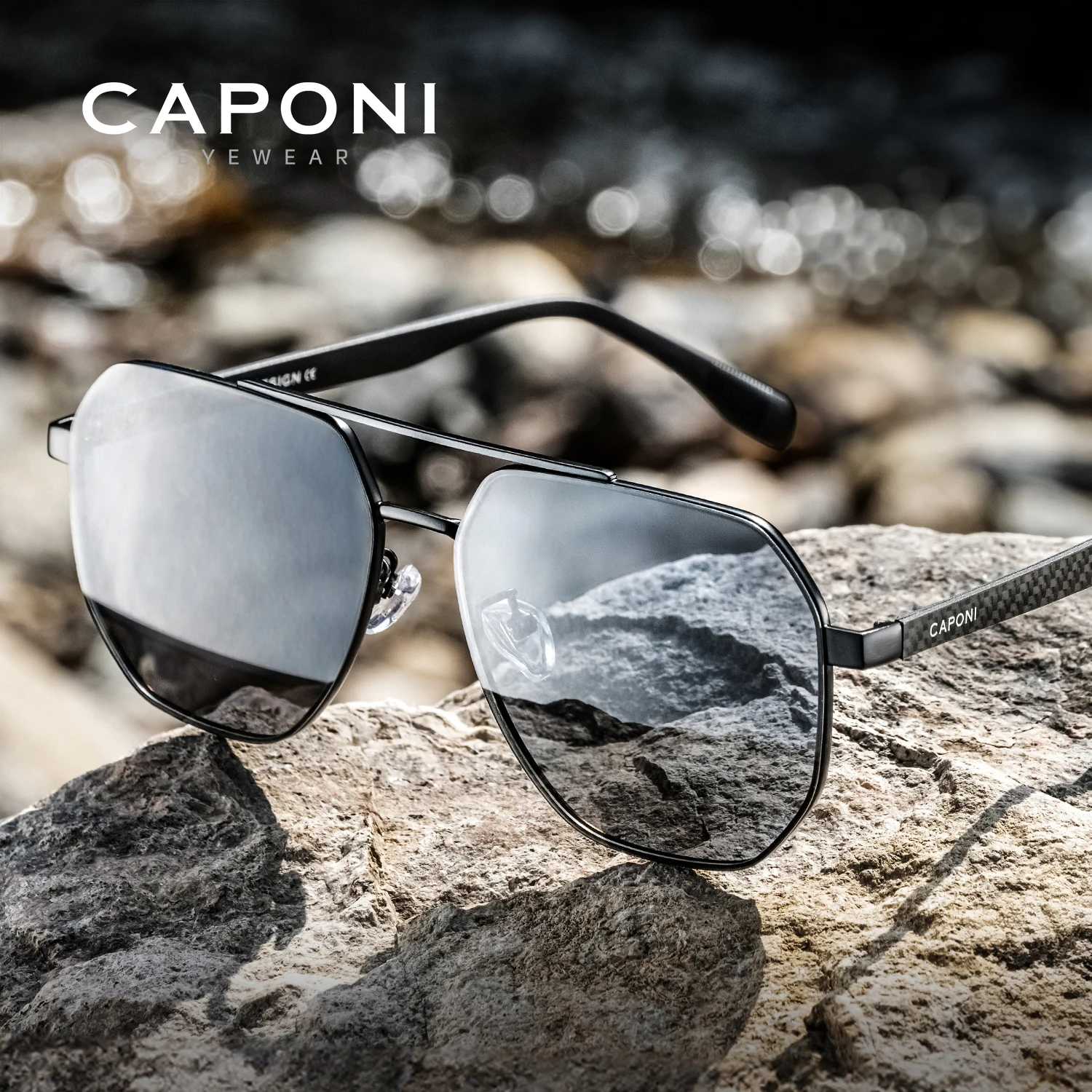 CAPONI Polarized Men Sunglasses Original Design Carbon Fiber Outdoor Driving Sun Glasses Anti Glare UV400 Black Shade CP34731