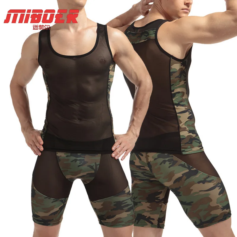 Camouflage Sexy Men's Underwear Slim Fit Breathable Mesh Transparent Set Pajamas Night Shop Sissy Fashoin Clothes Nightclub Wear