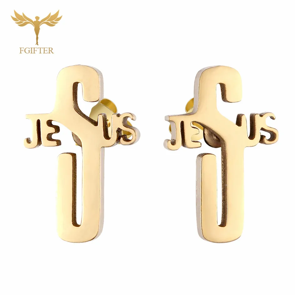 12 Pairs Christian Jewelry Stainless Steel Earrings Sets Jesus Word Cross Design Gold Color Ear Stud Women Men Accessory