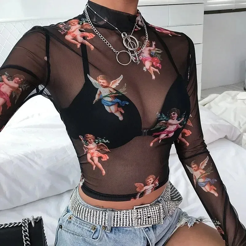 Angel Print Sheer Blue Black Mesh Long Sleeve Blouse Shirts Women Spring Summer Pullovers Elegant Sexy See Through Tops