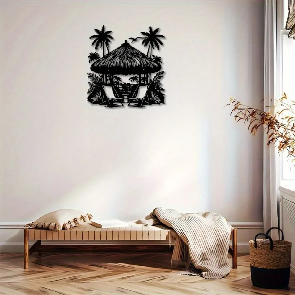 Iron Tree Hut Chair Wall Art, Black Wrought Silhouette Decor for Living Room Bedroom, Rustic Hanging Ornament, Home Gift