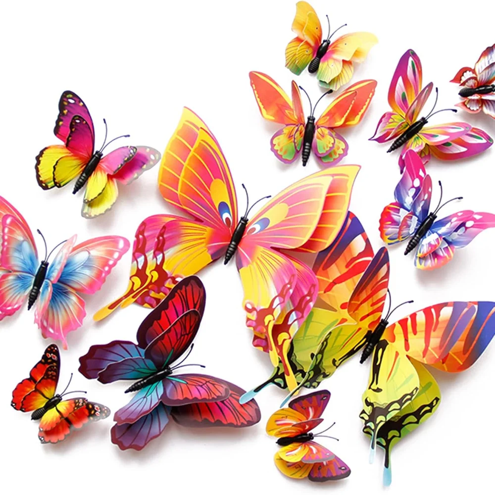 

New Style 12Pcs Double Layer 3D Butterfly Wall Stickers Home Room Decor Butterflies For Wedding Decoration Magnet Fridge Decals