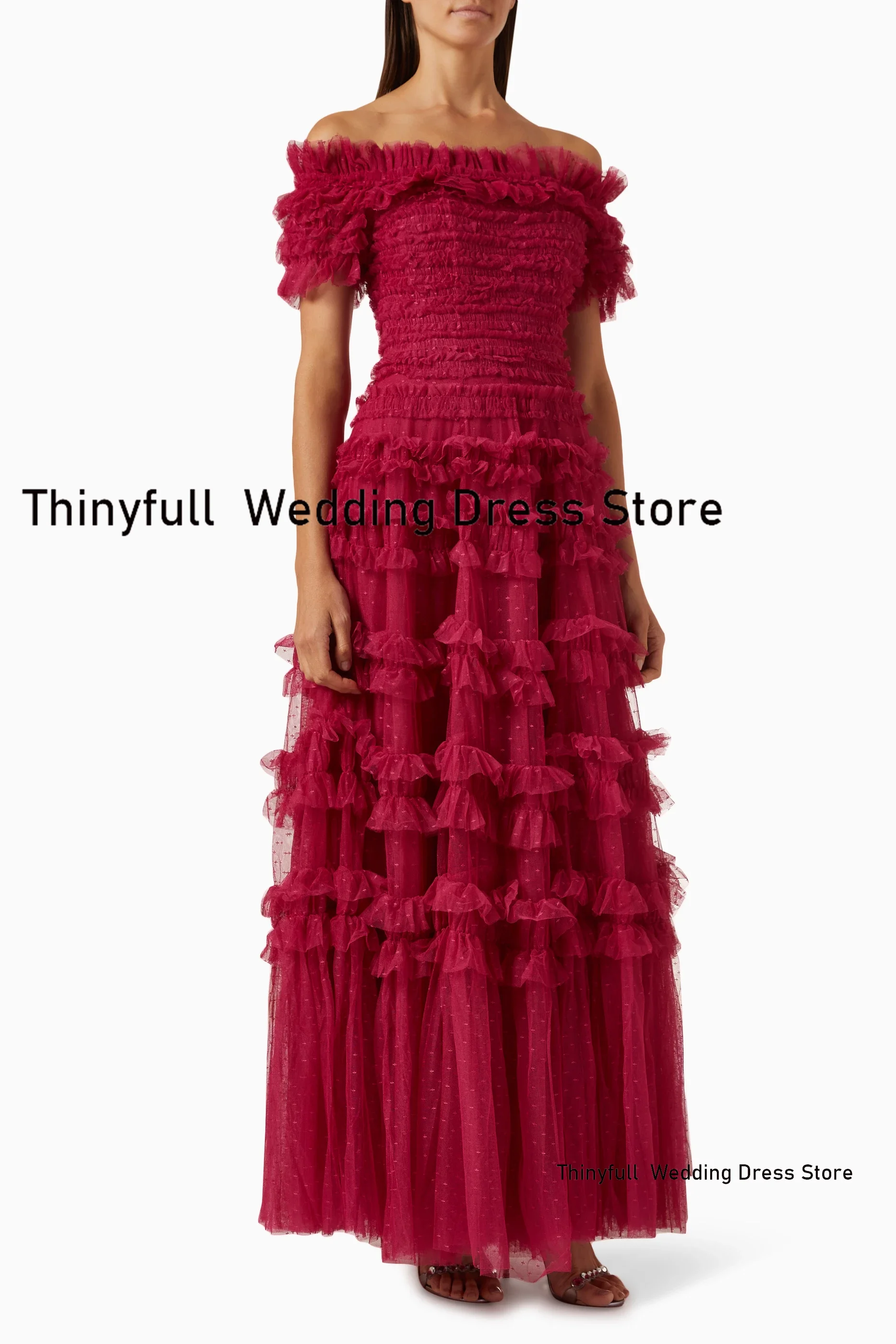 Thinyfull A-line Dotted Tulle Prom Dresses Strapless Off Shoulder Evening Party Gown Dubai Outfit Formal Occasion Dress