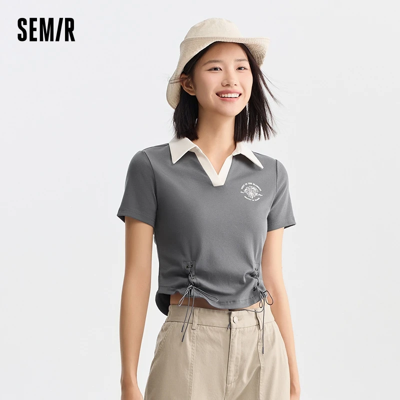 Semir Polo Shirt Women\'S Short Printed Retro Style 2024 Summer New Slim Tie Tops