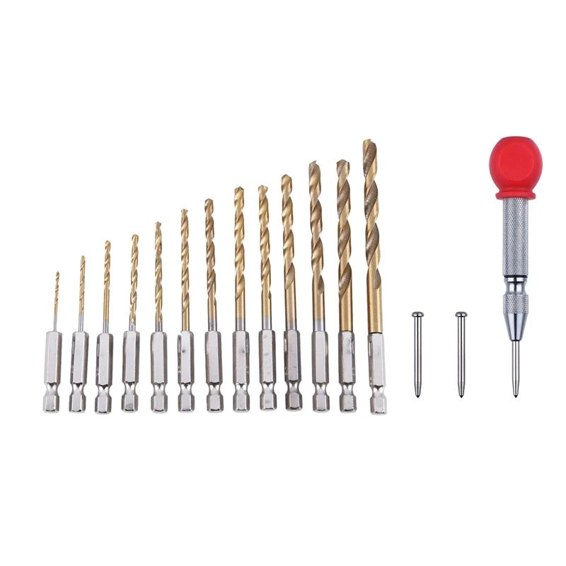 13Pc HSS Titanium Coated Drill Bit Set With 1/4Inch Hex Shank With 5 Inch Automatic Center Hole Punch Marker Scriber