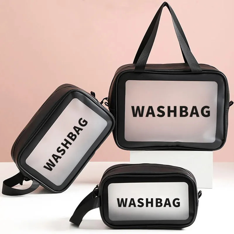 New Transparent PU Makeup Bag with Large Capacity Waterproof Bath Bag, Semi transparent Frosted Wash Storage Bag Customization