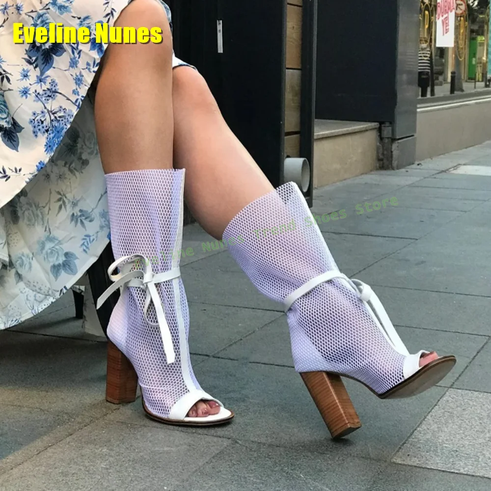 

Mesh Lace-Up Patchwork Fashion Gladiator Peep Toe Block Heels Pull On Women Dress Sexy Sandals 2025 Summer Street Style Trend