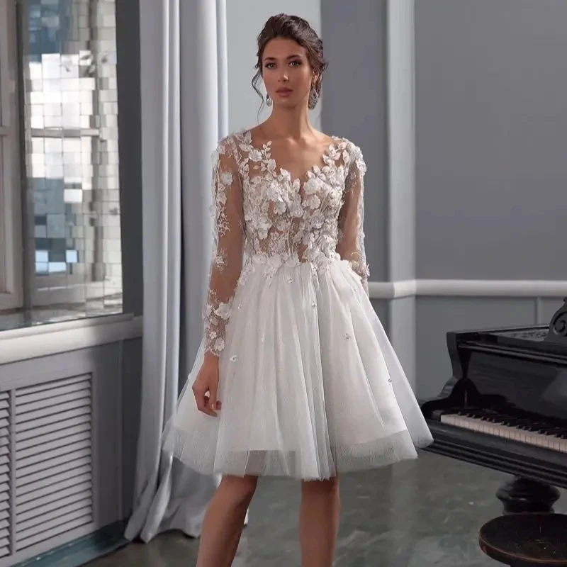 Vestido de noiva curto vintage, apliques de renda, manga comprida, decote em v, jardim, praia, novia