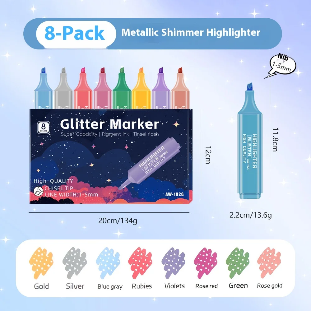 8 قطعة فسفورية معدنية ومعكرون اللون تمييز الفن علامات المائل رسم قلم مضيء للاجتماعات تدوين الملاحظات