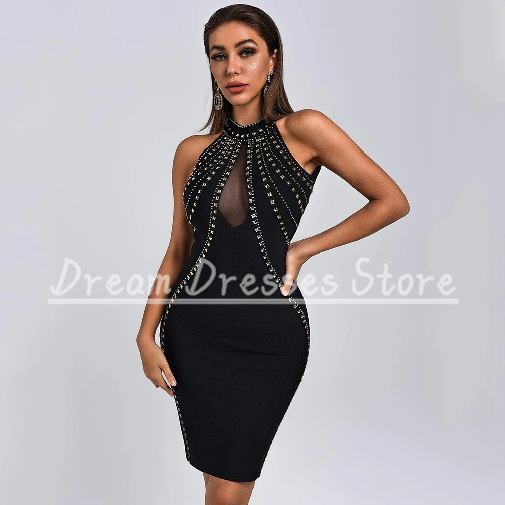 Modern Diamond Jewelry Cocktail Dresses Sleeveless Sexy Backless Knee Length Straight Beading Ladies Party Banquet Gowns