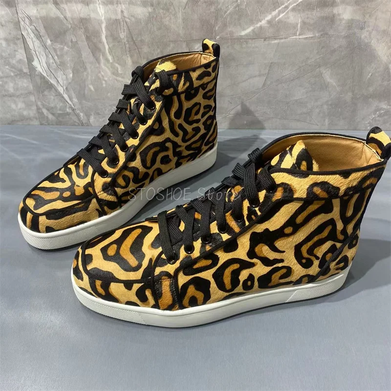 Leopard Print High Top Casual Shoes for Men and Women Lace Up Sports Shoe Sneakers Luxury Brand Handmade High Quality Size 48