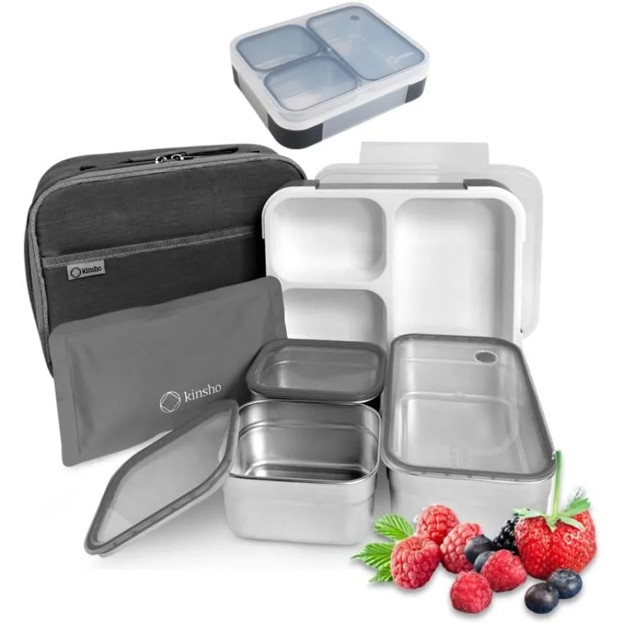 

Stainless Steel Bento Lunch Box Set for Adults Insulated Bag and Ice Pack LeakProof Metal Compartment Meal Prep Food Snack Cont