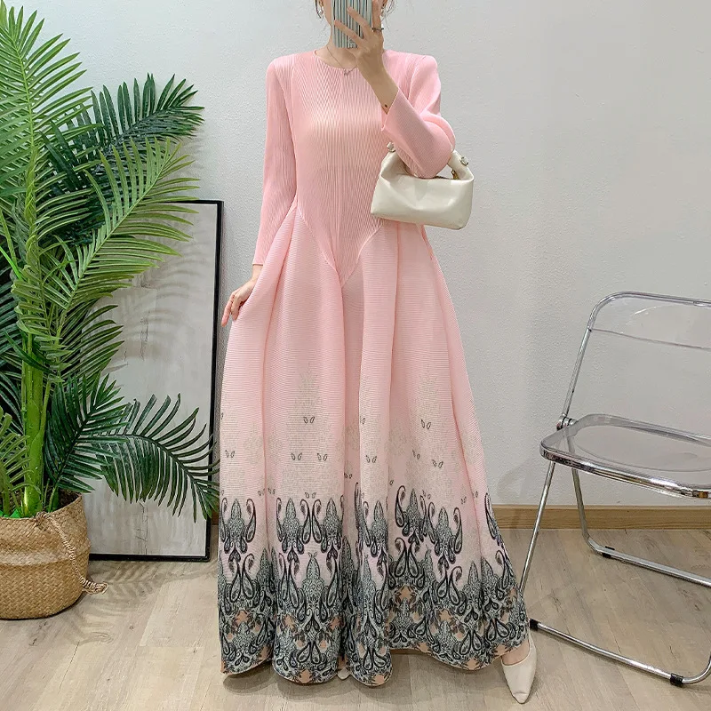 مياكي نمط مطوي فستان للنساء 2025 صيف جديد المرأة فضفاضة كبيرة الحجم الطابق شنت المرأة فانوس مطبوع تنورة #3